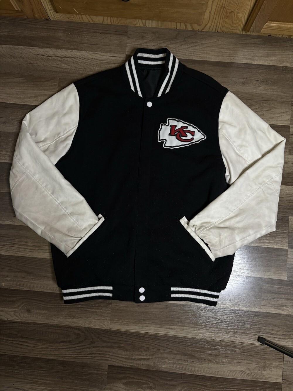 Kansas City Chiefs Reversible Varsity Jacket Black With Faux Leather Mens XL